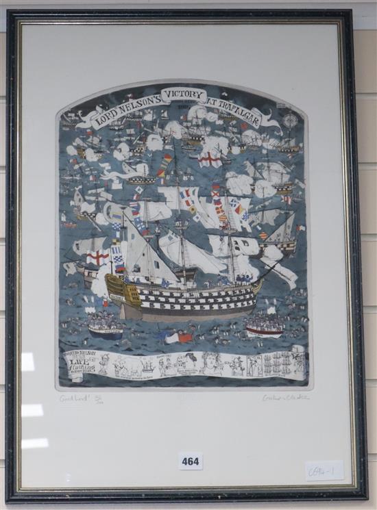 Graham Clarke, coloured aquatint, Lord Nelsons Victory at Trafalgar, signed, 142/200, 64 x 44cm